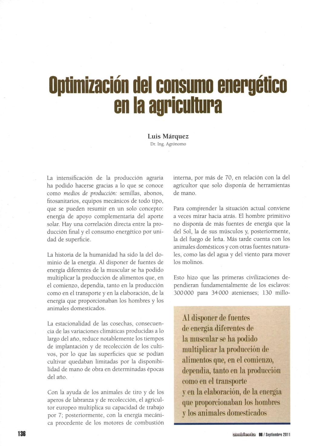 Optimizaän del consumo energético en la agricultura Luis Márquez Dr. Ing.