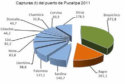 Respecto a las capturas totales registradas de las principales especies en el puerto de Pucallpa, al mes de agosto del 2010 y 2011, se observó predominancia de la especie boquichico ; seguida por