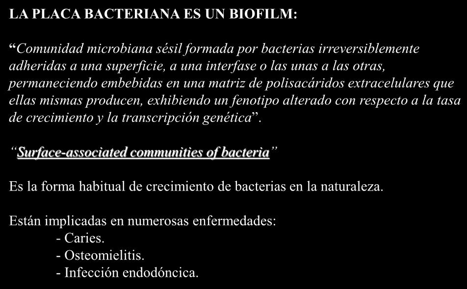 PLACA BACTERIANA: BIOFILM LA PLACA BACTERIANA ES UN BIOFILM: Comunidad microbiana sésil formada por bacterias irreversiblemente adheridas a una