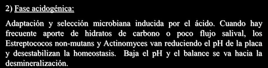 HIPÓTESIS DE LA PLACA BACTERIANA ECOLÓGICA 2) Fase acidogénica: Adaptación y selección microbiana inducida por el ácido.