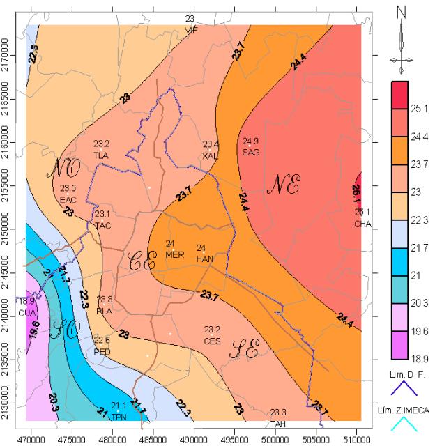Informe Climatológico Ambiental del Valle de México 2004 CAPITULO 2 La Figura 2.3 muestra el mapa de isotermas con el promedio anual de temperatura ambiente de las 16:00 horas.