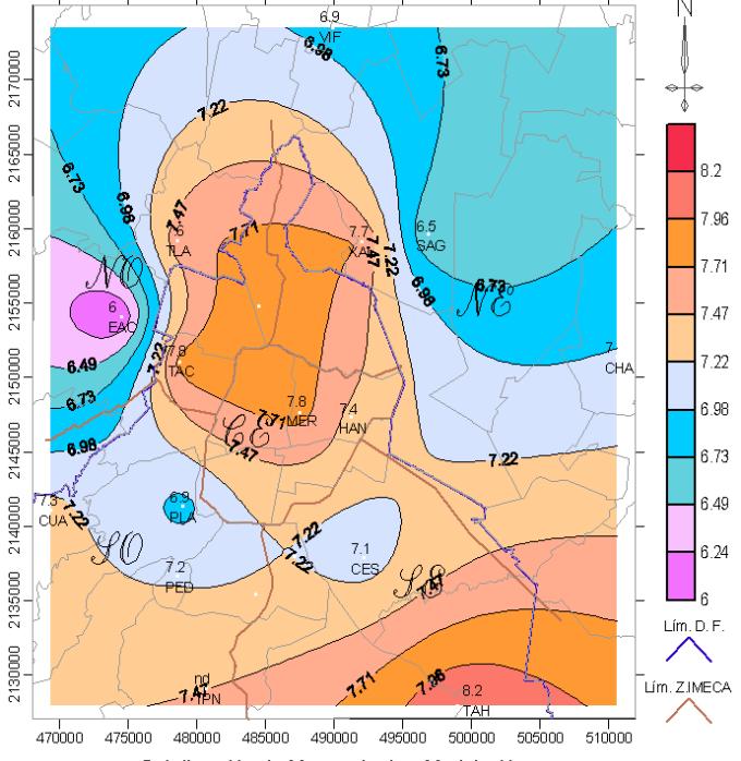 Informe Climatológico Ambiental del Valle de México 2004 CAPITULO 2 Figura 2.5 Mapa de isotermas con el Promedio anual de temperatura mínima mensual (º C). La Figura 2.