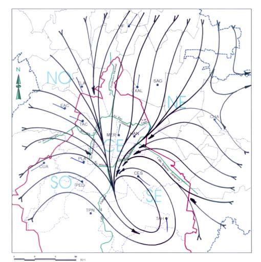 15, correspondiente al flujo de viento promedio anual a las 18:00 horas, resalta dos líneas de convergencia de Norte a Sur y