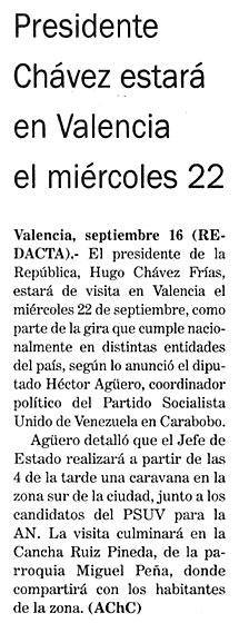 Chávez estará en Valencia el miércoles 22