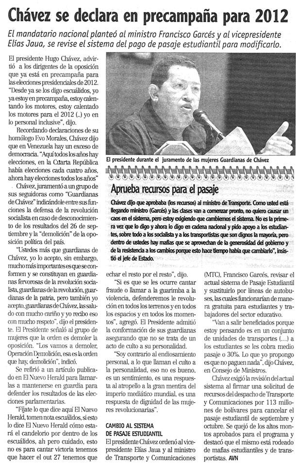 Chávez se declara en precampaña para 2012 El