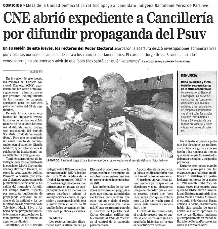 CNE abrió expediente a Cancillería por difundir propaganda del