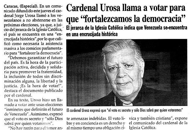 Cardenal Urosa llama a votar para que "fortalezcamos la