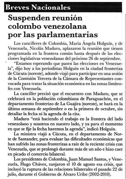 Breves Nacionales / Suspenden reunión colombo venezolana por las