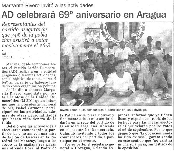 AD celebrará 69 º aniversario en Aragua El