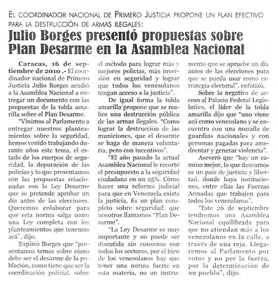 Julio Borges presentó propuestas sobre Plan Desarme en la