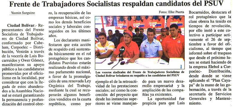 Frente de Trabajadores Socialistas respaldan candidatos del