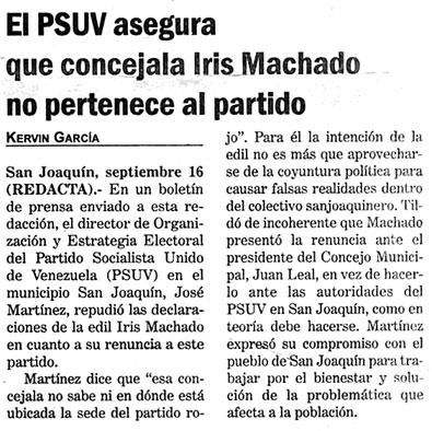 El PSUV asegura que concejala Iris Machado no