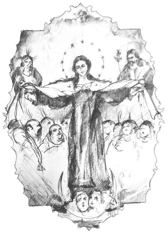 GLORIA Esta obra estará basada en la tradicional Iconografía de la Virgen de la Misericordia, introducida por Cesáreo de Heisterback, quien en un éxtasis tuvo una visión en la cual aparecían los