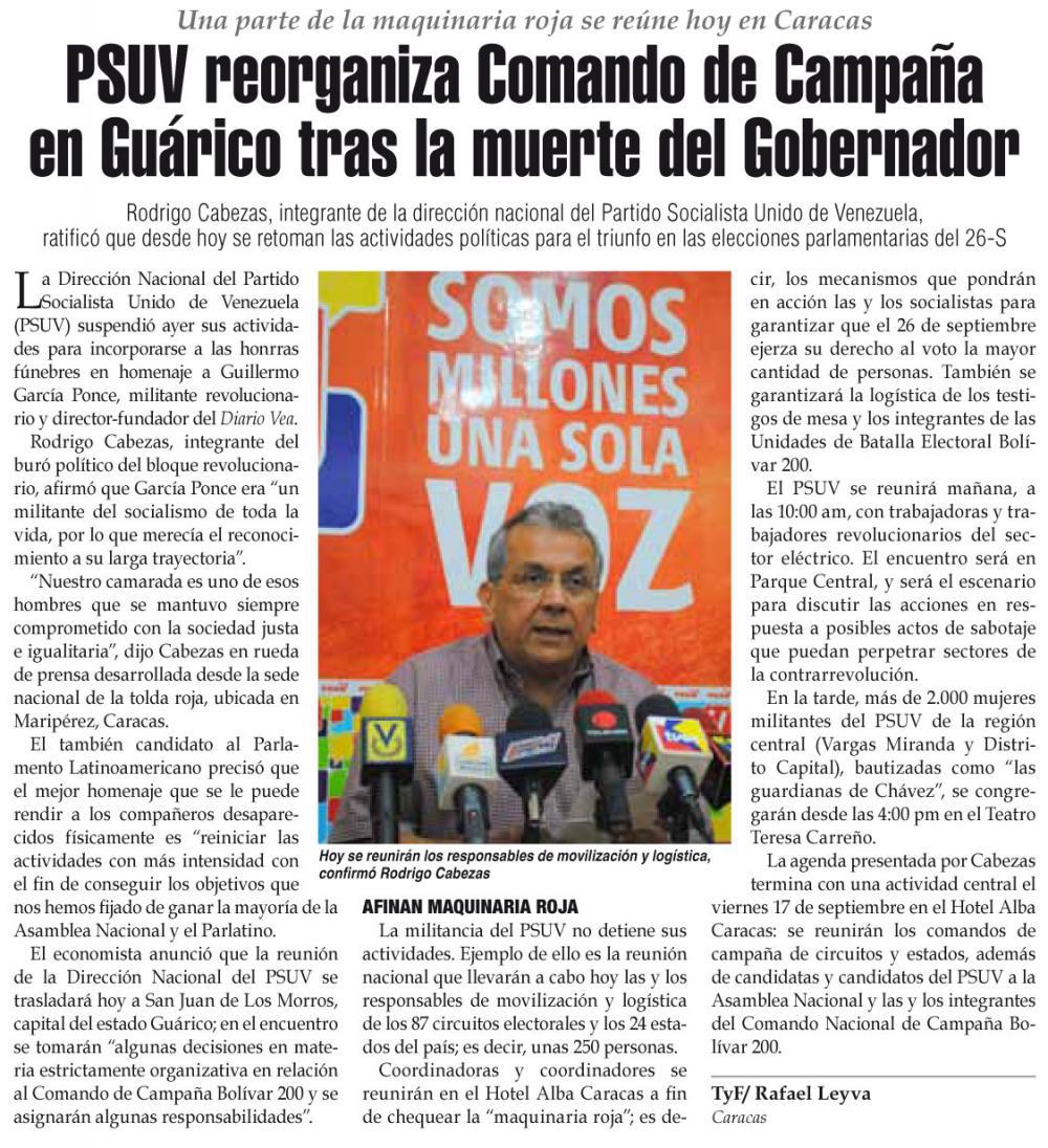 PSUV reorganiza Comando de Campaña en Guárico tras la muerte del