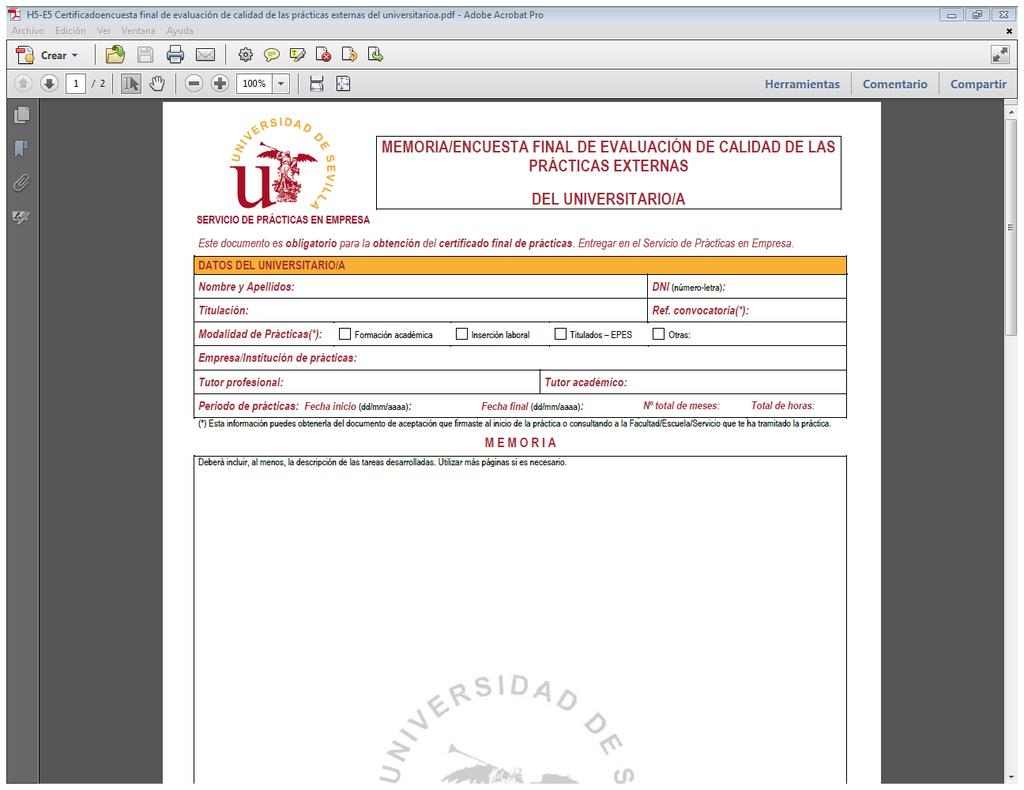 H5-E5 Certificado/encuesta final de evaluación de calidad de las prácticas externas del universitario/a
