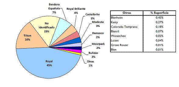 Gráfico 2: Distribución de la superficie implantada con damasco en la provincia de Mendoza por variedad, año 2010. IDR.