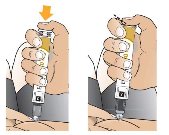 Cuanto más despacio apriete, más fácil será la inyección. Mantener el botón de inyección apretado hasta oír un clic.