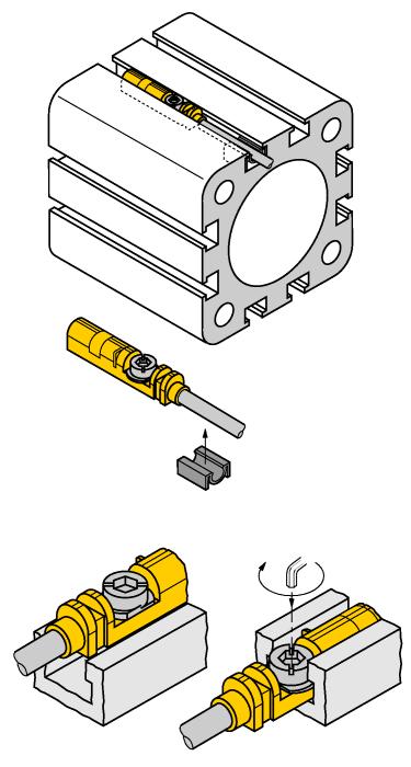 instrucciones de montaje / descripción Manual de montaje Gracias al labio de ensamblaje, se puede insertar el sensor en la ranura desde arriba con una mano.