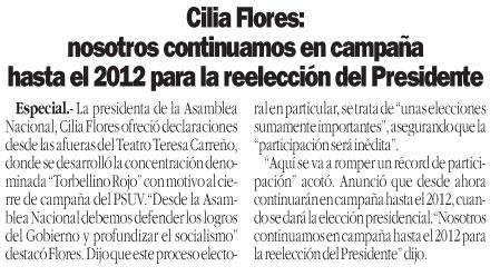 Cilia Flores: nosotros continuamos en campaña hasta el 2012 para la