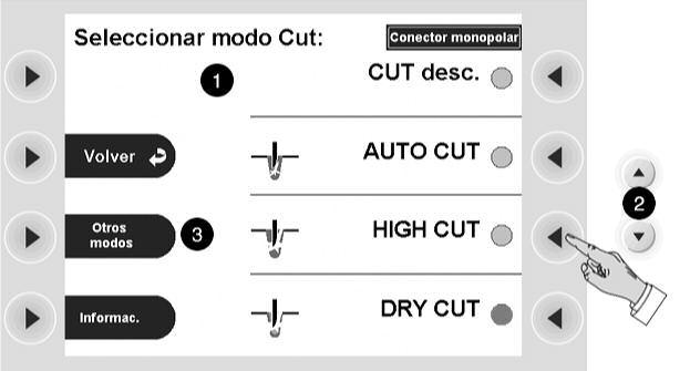 4 Trabajar con el aparato quirúrgico de AF, una Instrucción Seleccionar modo CUT 1. Llamar el modo CUT Figura 4-8 Pulse la tecla de selección situada al lado del punto del menú Modo.. 2.