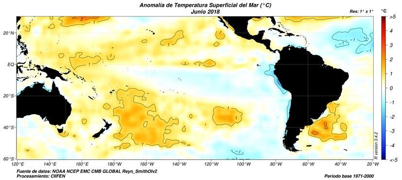 43 Estado actual y pronóstico del Fenómeno ENOS La distribución horizontal de las anomalías de temperatura del mar en el océano Pacífico ecuatorial (figura 1) ya empieza a mostrar aguas más cálidas