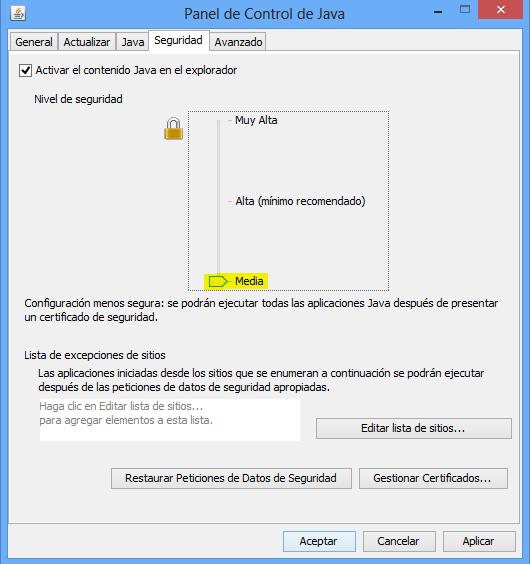 Haga clic en Configure Java, Java presenta la siguiente pantalla: Haga clic en la pestaña Seguridad y en el apartado de Nivel de seguridad baje la seguridad a Media, como se muestra en la