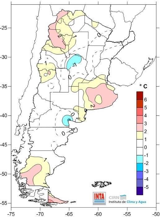 Se observaron temperaturas con anomalías positivas en las regiones del NOA, Cuyo (norte), Pampeana (sudeste) y Patagonia (sur).