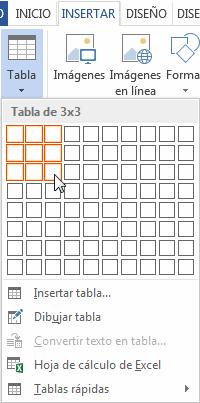 Para crear una tabla accedemos siempre desde la pestaña Insertar > grupo Tablas > botón Tabla. Allí encontraremos las tres posibles formas de crear tablas: 1.
