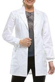 Contemporary fit lab coat features a notched lapel, four-button closure, front and back princess seams, snap detail at the waist, two patch pockets, a back belt and multi-needle contrast topstitching.