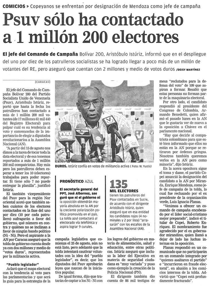 PSUV sólo ha contactado a 1 millón 200 electores El