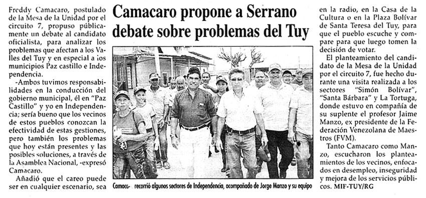 Camacaro propone a Serrano debate sobre problemas del