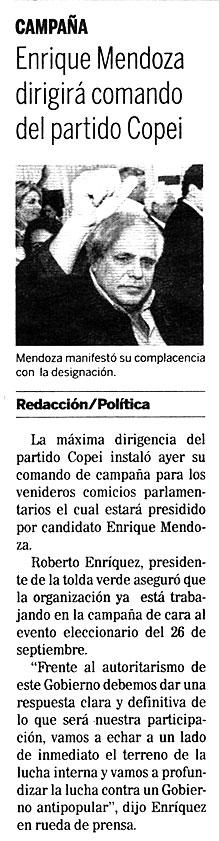 Enrique Mendoza dirigirá comando del partido