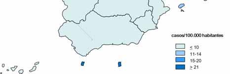 vigilancia. Las Ciudades Autónomas de Melilla y Ceuta (con 40 y 30 casos/100.000 habitantes respectivamente), y en la Península las CC.AA. de Galicia, Cataluña y País Vasco (con 20 casos/100.