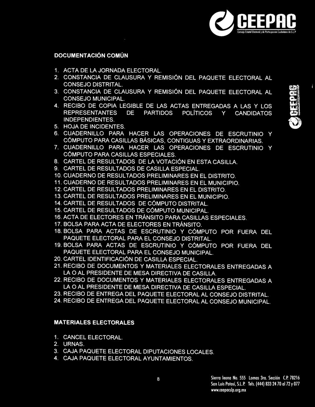 RECIBO DE COPIA LEGIBLE DE LAS ACTAS ENTREGADAS A LAS Y LOS REPRESENTANTES DE PARTIDOS POLÍTICOS Y CANDIDATOS INDEPENDIENTES. 5. HOJA DE INCIDENTES. 6.