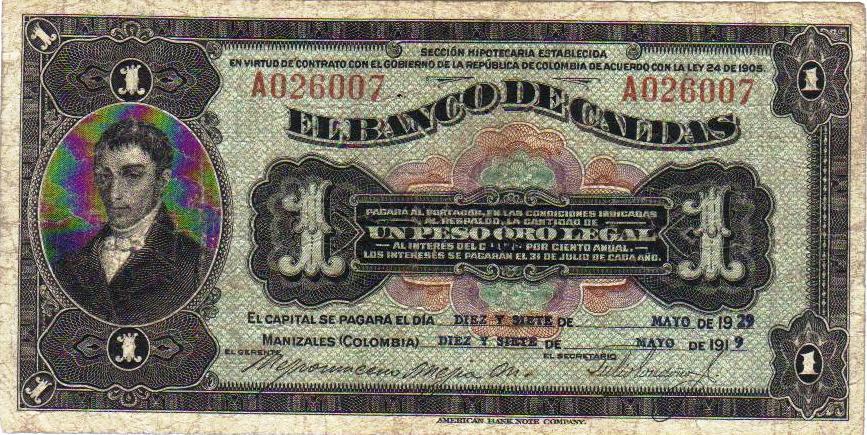 Un peso, Banco de Caldas, 1919 Veinte pesos, Banco de Caldas, 1919 (Prueba) Bicentenario de Chopin (1810 2010) El mundo de la música