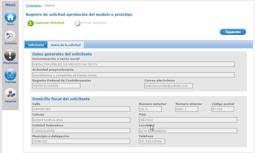 Una vez ingresado el número de certificado se desplegará la pantalla de Solicitar Aprobación del modelo o prototipo donde se deberá registrar la solicitud.