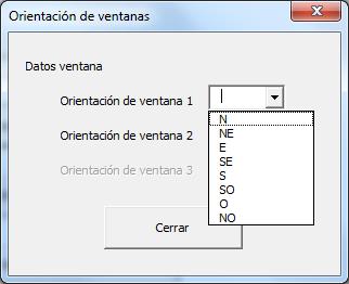 Ilustración 9: Combo con orientaciones disponibles para cada una de las ventanas NOTA: Es necesario introducir la orientación real de la ventana, y no la de la geometría no girada.