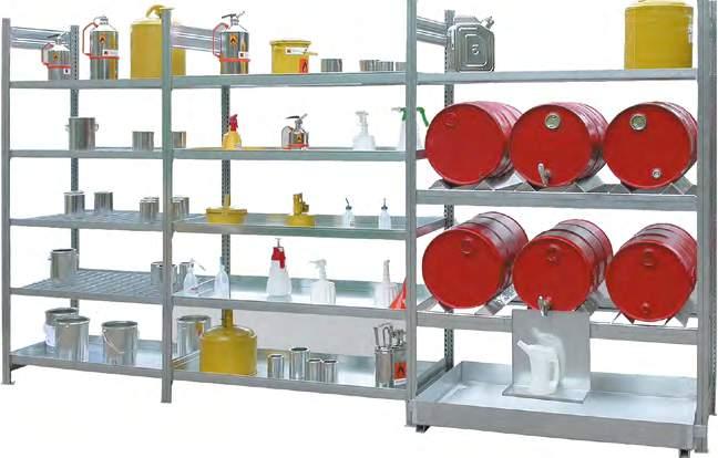 ESTANTERÍAS ESTANTERÍAS PRODUCTOS PELIGROSOS Para almacenaje de productos inflamables en recipientes pequeños Gran capacidad de volumen mediante la combinación de estantería y cubeto recolector.