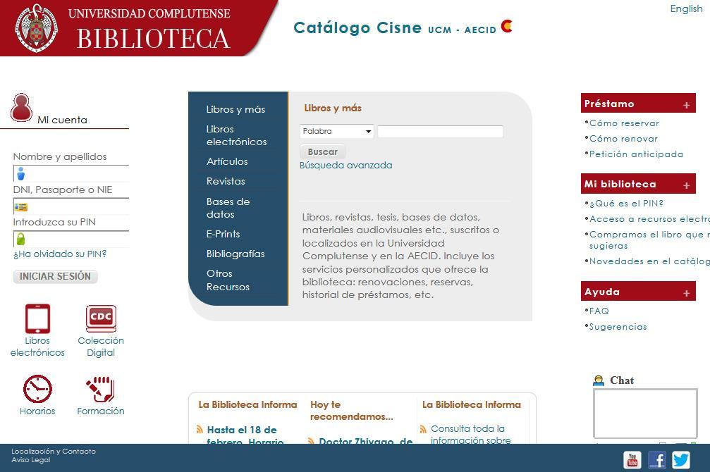 Catálogo CISNE Catálogo de la BUC Contiene registros de: monografías, revistas, bases de datos, documentos de trabajo, tesis, material multimedia.