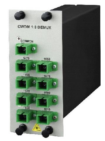2.5.4.5 Mux/Demux CWDM 1X8 La función de este dispositivo es acoplar en una fibra óptica las señales que se propagan en diferentes fibras ópticas, cada una con una longitud de onda diferente.