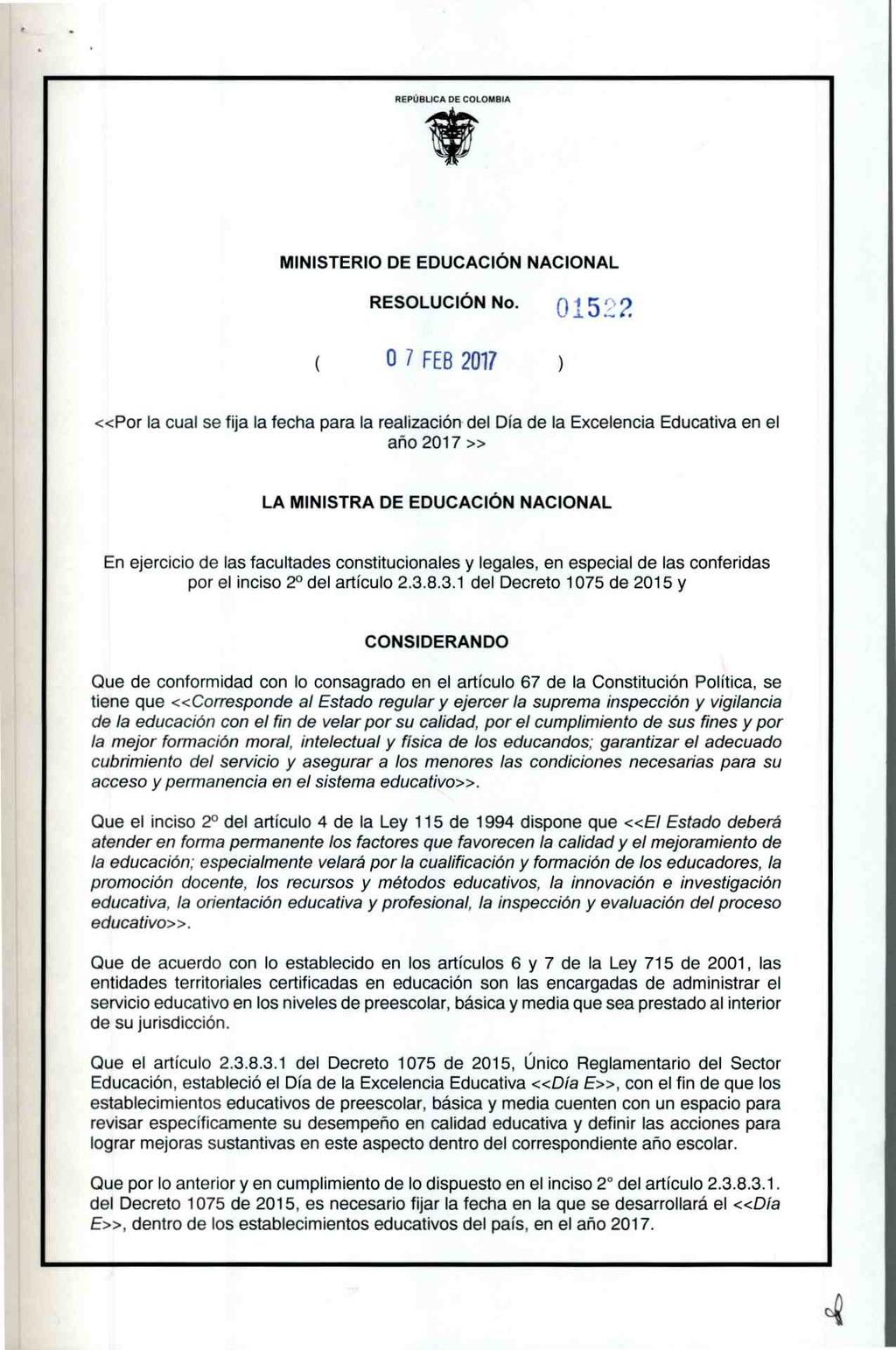 REPÚBLICA DE COLOMBIA MINISTERIO DE EDUCACIÓN NACIONAL RESOLUCIÓN No.,.