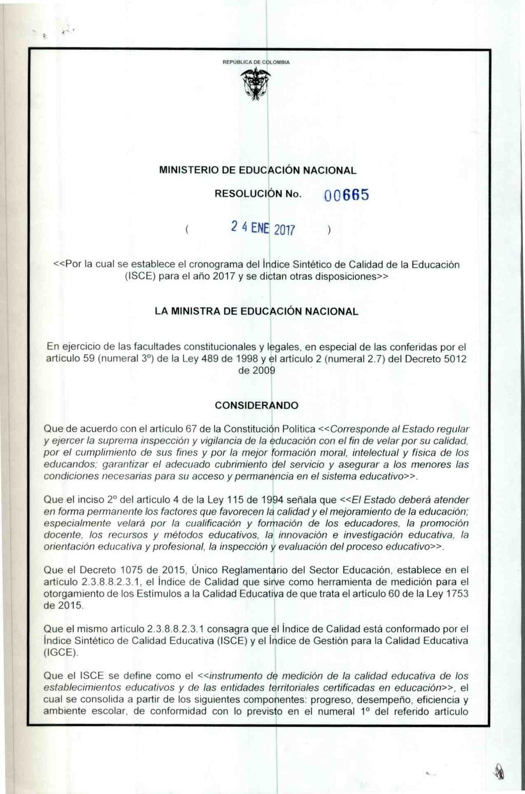 REft I I I I CE 01 11 MINISTERIO DE EDUCACIÓN NACIONAL RESOLUCIÓN No.