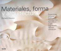 Materiales, forma y arquitectura Autor: Richard Weston Editorial: Blume 241 páginas Tras una breve introducción, se dedica tres capítulos a la historia de la arquitectura desde el punto de vista