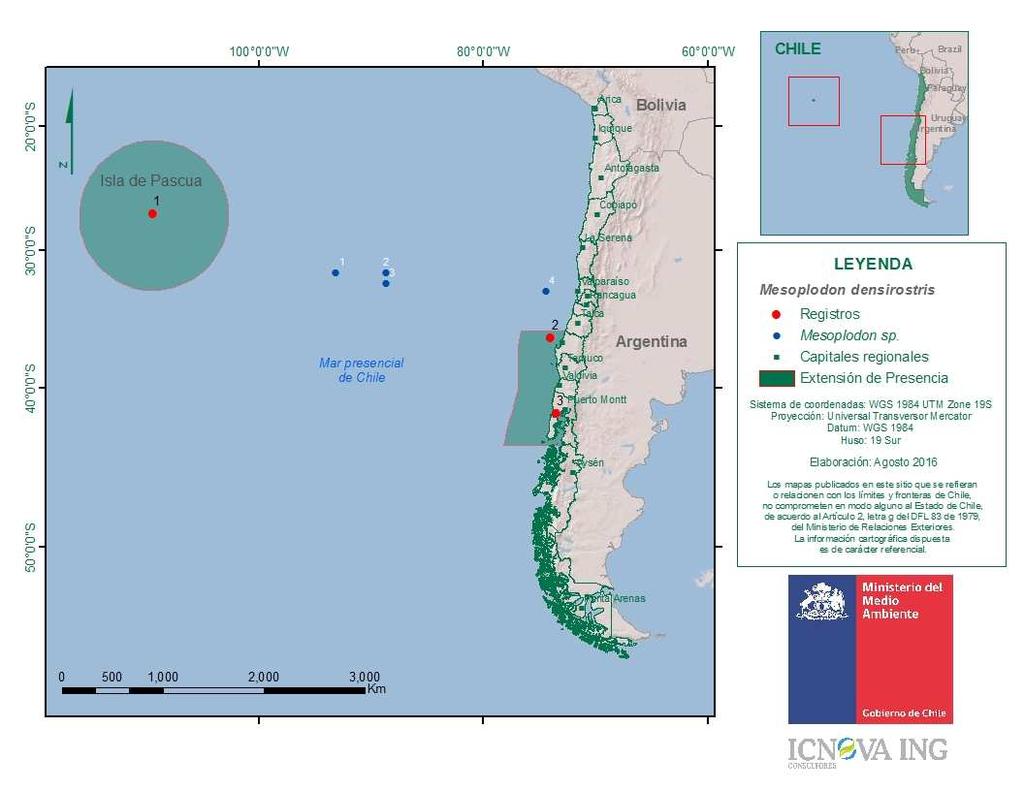 Imagen 1. Registros y Extensión de la Presencia en Chile de Mesoplodon sp. Otros mapas de la especie: Imagen 2.