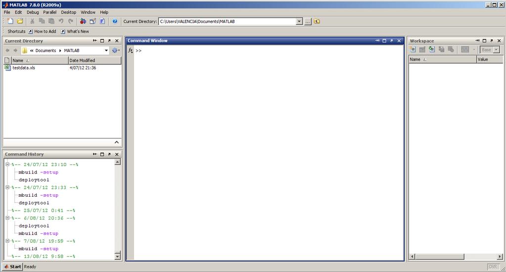 Al iniciar MATLAB, el editor aparece en su diseño por defecto, incluyendo los siguientes paneles: Current Directory: Directorio actual. Elección de archivos. Command Window: Ventana de comandos.