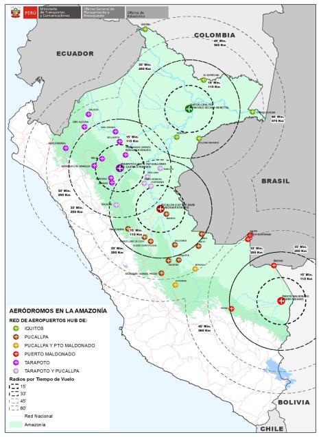 poblacionales de la región amazónica ÁREA DE INFLUENCIA DE LOS POSIBLES HUBS REGIONALES Se