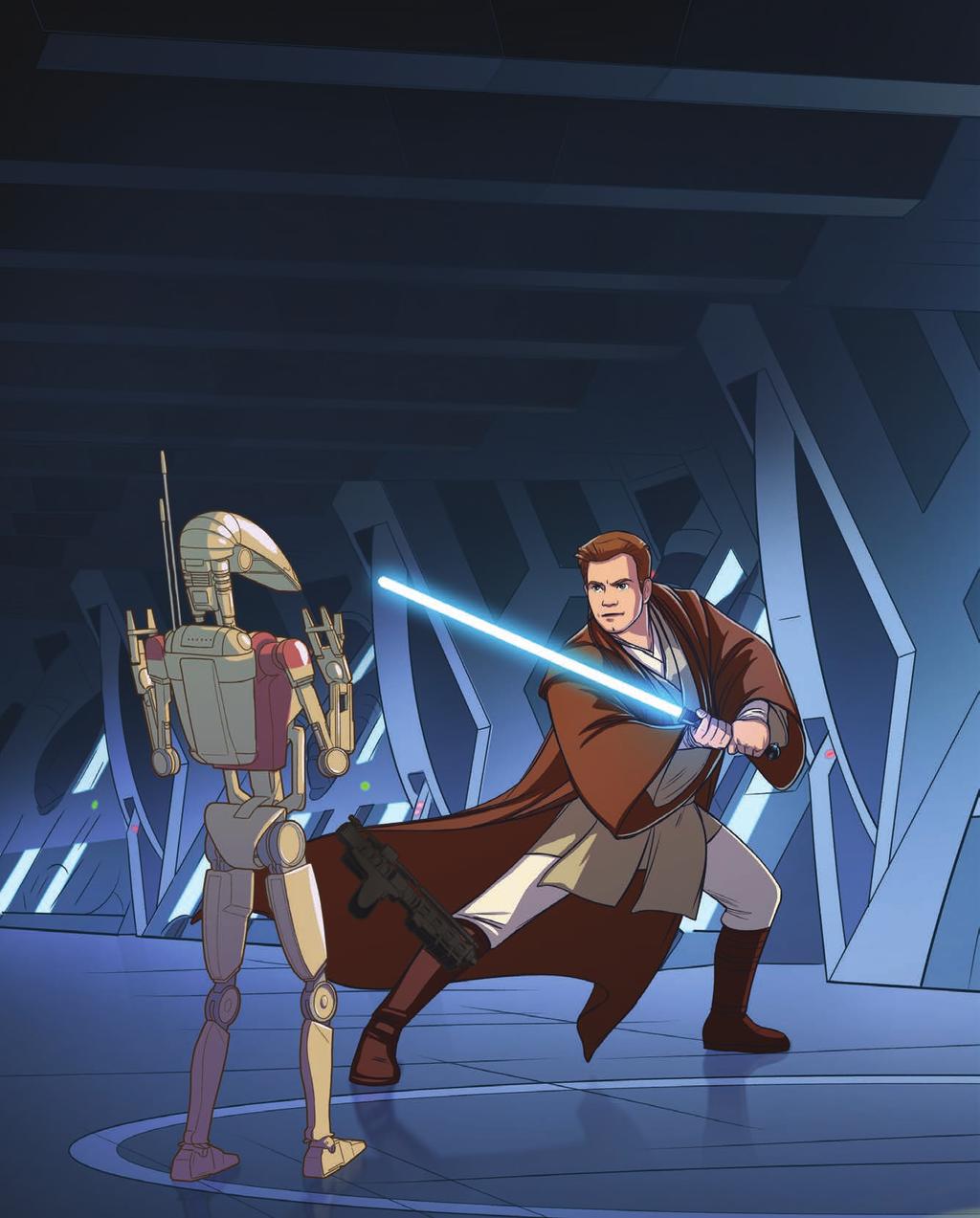 El virrey envió a sus droides de combate para que acabaran con los Jedi, pero cuando abrieron la puerta, Qui-Gon y Obi-Wan estaban preparados para presentar batalla.