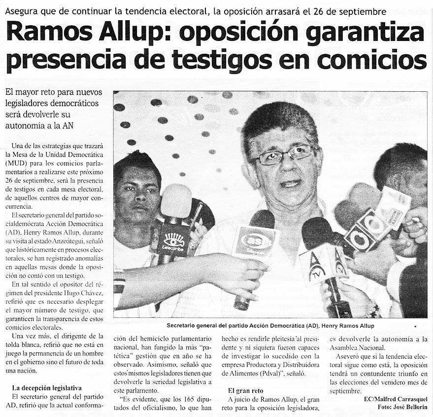 Ramos Allup: opsición garantiza presencia de testigos en comicios