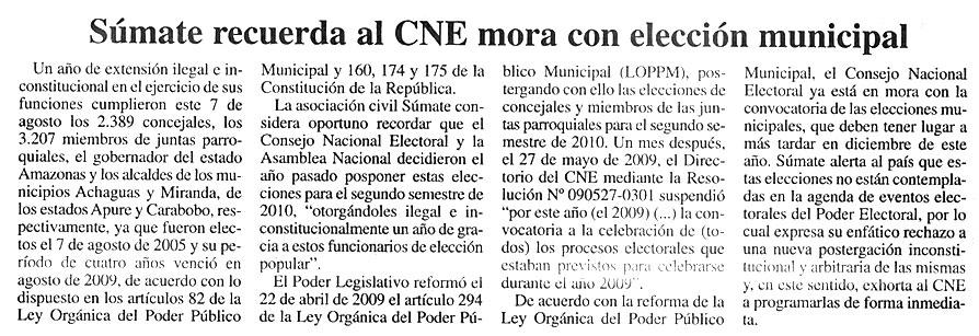 Súmate recuerda al CNE mora con elección municipal