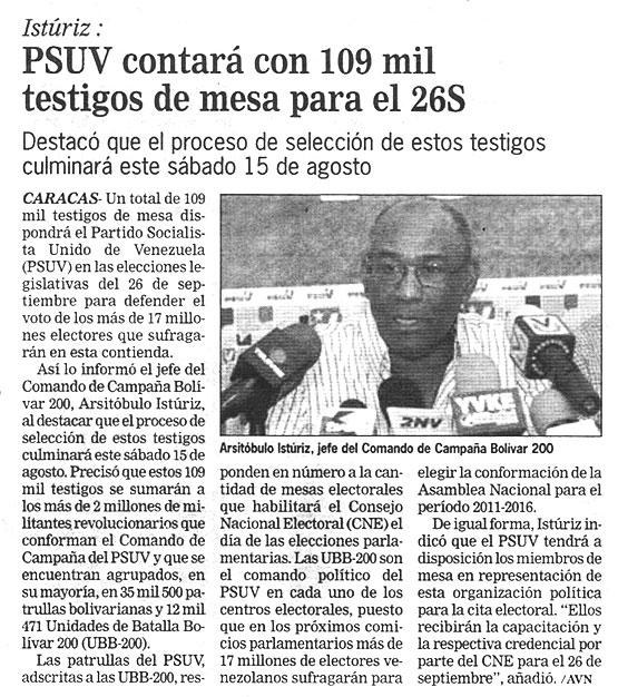 PSUV contará con 109 mil testigos de mesa para el 26S La